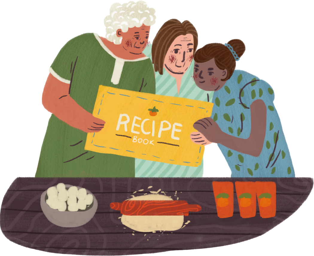 Textured Print Style Elderly Women Using a Recipe Book